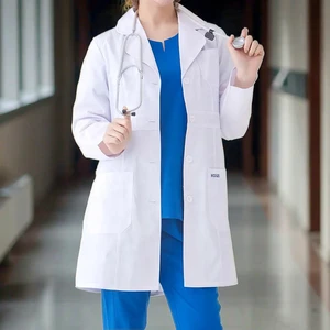Custom Medical White Polyester/Cotton Woven Lab Coat for Women's Hospital Uniform