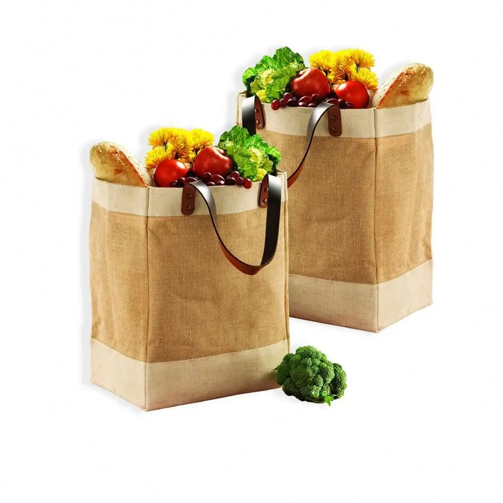 Eco-Friendly Large Jute and Cotton Leather Handle Market Tote Bag