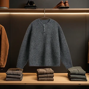 Vintage Men's Henry Collar for Knitted Pullover Sweater Winter Standard Thickness Warm Jacket Old Money Lazy Style Front Logo