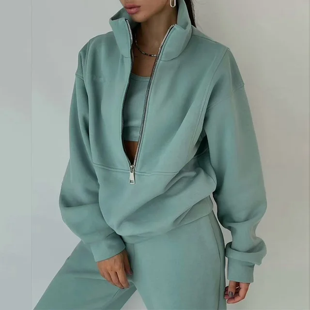 2023 Women's Autumn And Winter Clothing Polyester Two-piece Set Zipper Sweater Fleece Sports Pants Casual Set Custom LOGO