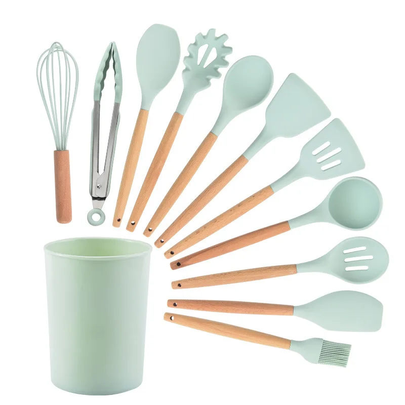 Ustensile de cuisine en silicone avec manche en bois, poêle antiadhésive, outils de cuisine, spatule de cuisine, cuillère, ensemble d'outils de rangement de cuisson, 12 pièces