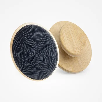Bamboo Hair Brush Dry Body Bath Brush with Fine Silicone Bristle Exfoliating Wood Handle