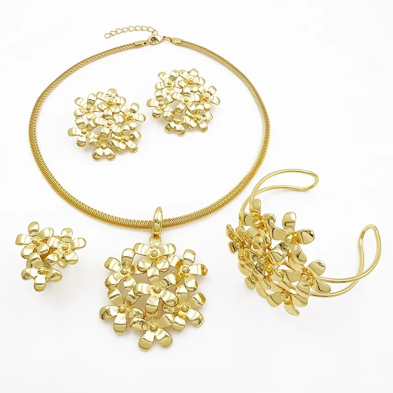 Luxury Dubai 24k Gold Plated Jewelry Set For Women Plant Petal Design Necklace Earrings Ring