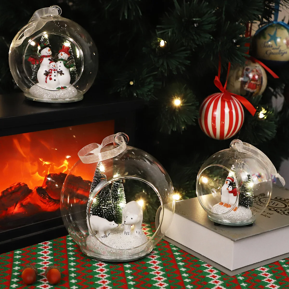 Custom clear open front hand blown glass christmas tree scene ball hanging ornaments decorating ideas xmas craft baubles