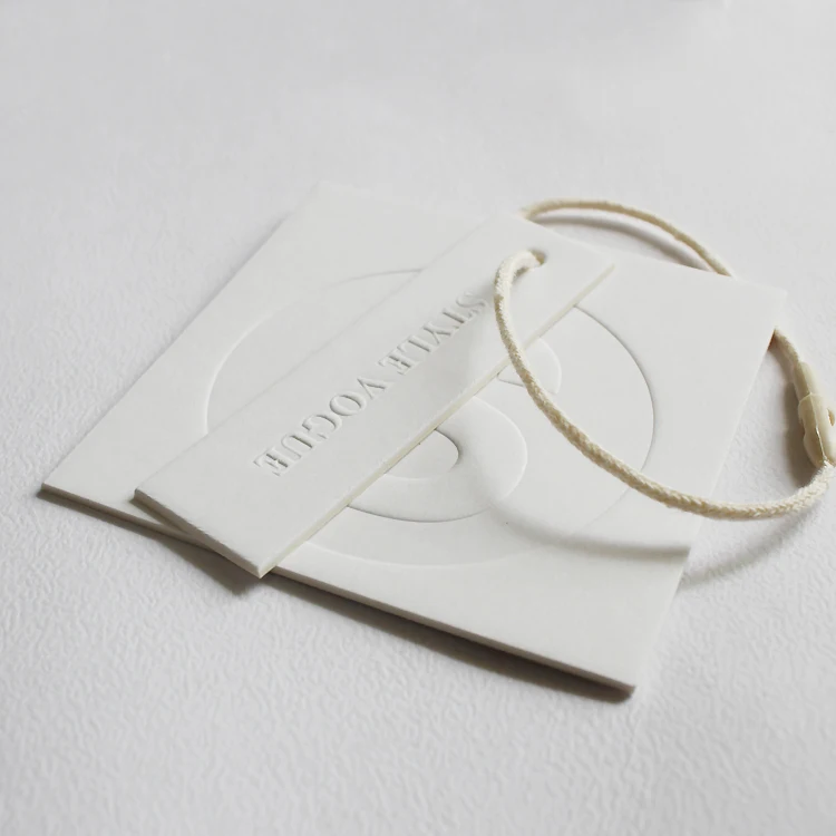 Custom Luxury Design Printing Name Logo Paper Garment Hangtag Labels Clothing Hang Tags Pure White Embossed Hang Tag With String