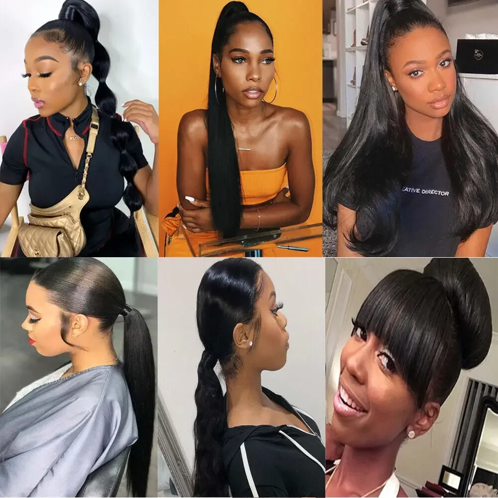 Extension per capelli con clip per coda di cavallo dritta da 26 pollici, parrucchino, capelli umani brasiliani neri naturali_voghion.com