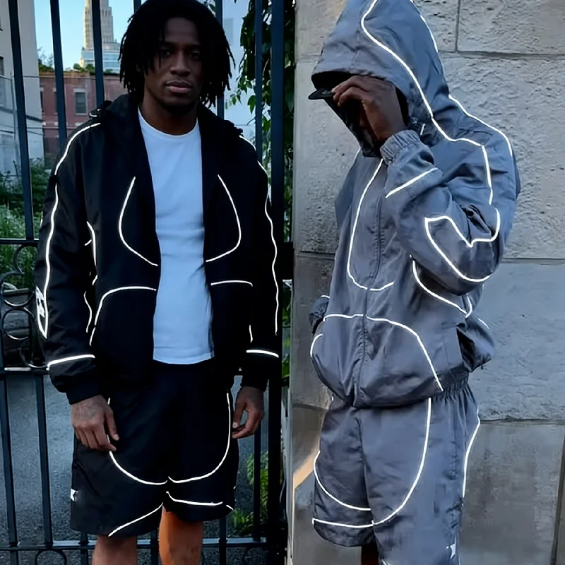 Custom Shell Track Jogging Suit Waterproof Polyester Oversized Zip up Hoodie Jacket and Short Set Reflective Nylon Tracksuit Men gallery 3