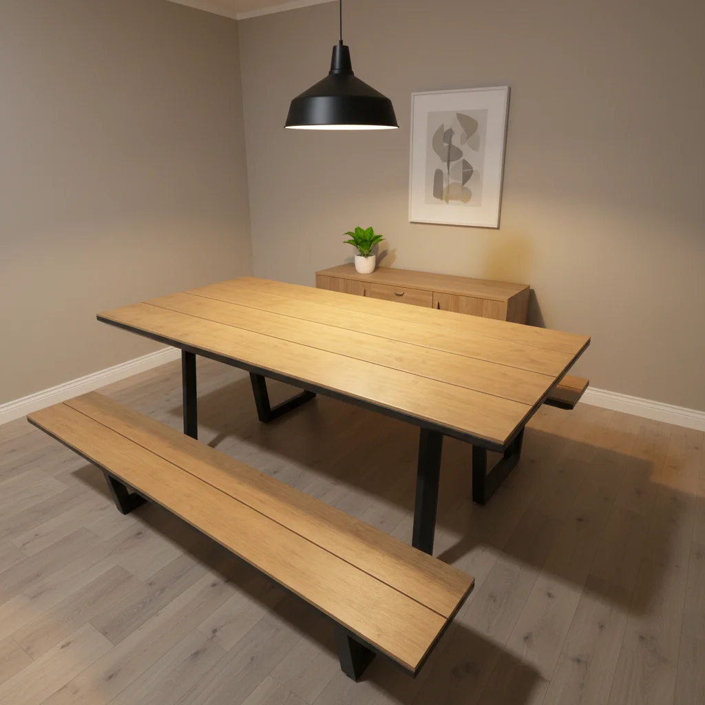 product extra long 2 piece patio dining set faux wood top dining table with matching bench black metal frame for outdoor patio-4