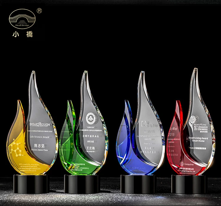 Promotional Gifts Excellence Gift Sprout Green Etched Award Customs Crystal Trophy