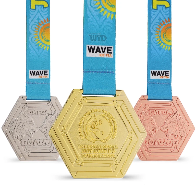 Medalha Metálica Hexagonal Personalizada com Fitas, Competição Esportiva Personalizada, Lembrança com Design em Sublimação e Fundição, Artesanato em Metal