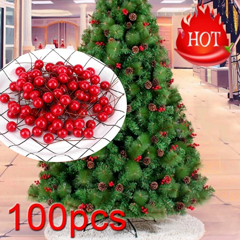 100Pcs Artificial Red Holly Berry Picks Stems Fake Winter