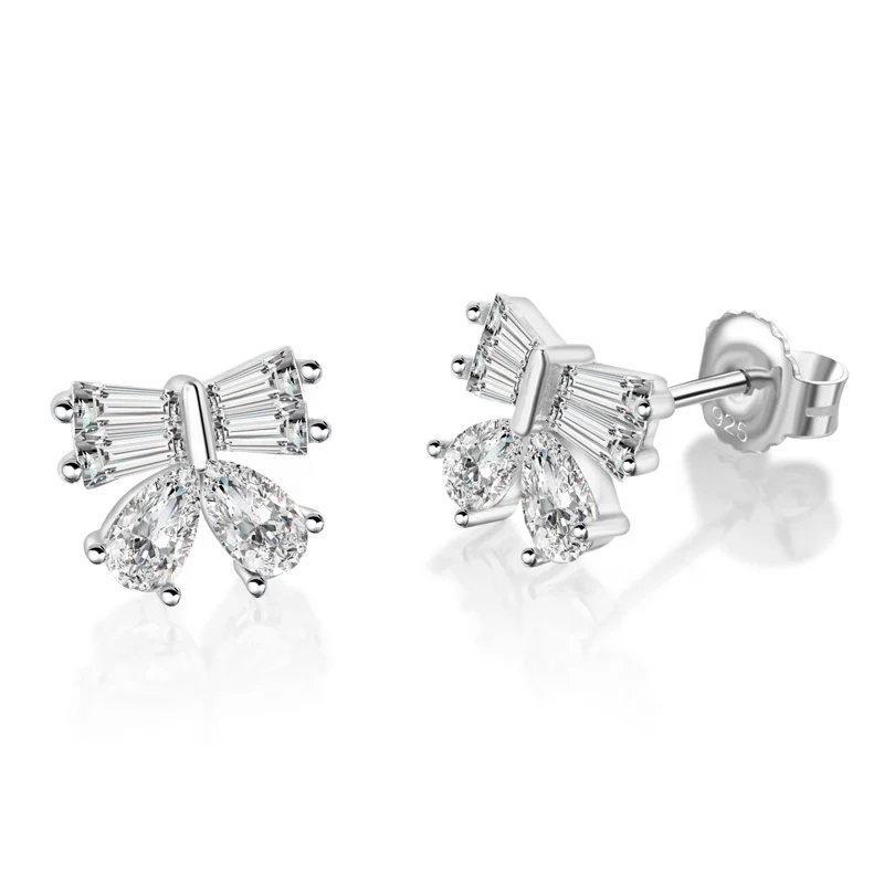 Sterling Silver Bowknot Cubic Zirconia Stud Earrings for Women Girls Gifts