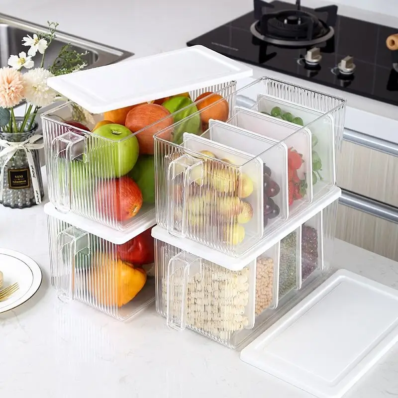 Novo Organizador de Plástico para Armazenamento na Cozinha com Alça e Tampa Ideal para Escola e Armazenamento de Alimentos Empilháveis no Refrigerador