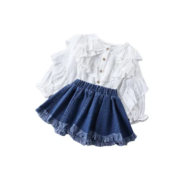 2021 New arrival toddler girls boutique ruffled solid shirt top and denim skirt clothing set for kids