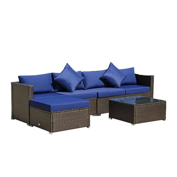 HOMECOME 5-Piece Outdoor Furniture Garden Sofa Set,Aluminium Sectional Rattan/Wicker Seating  &Tempered  Glass Table