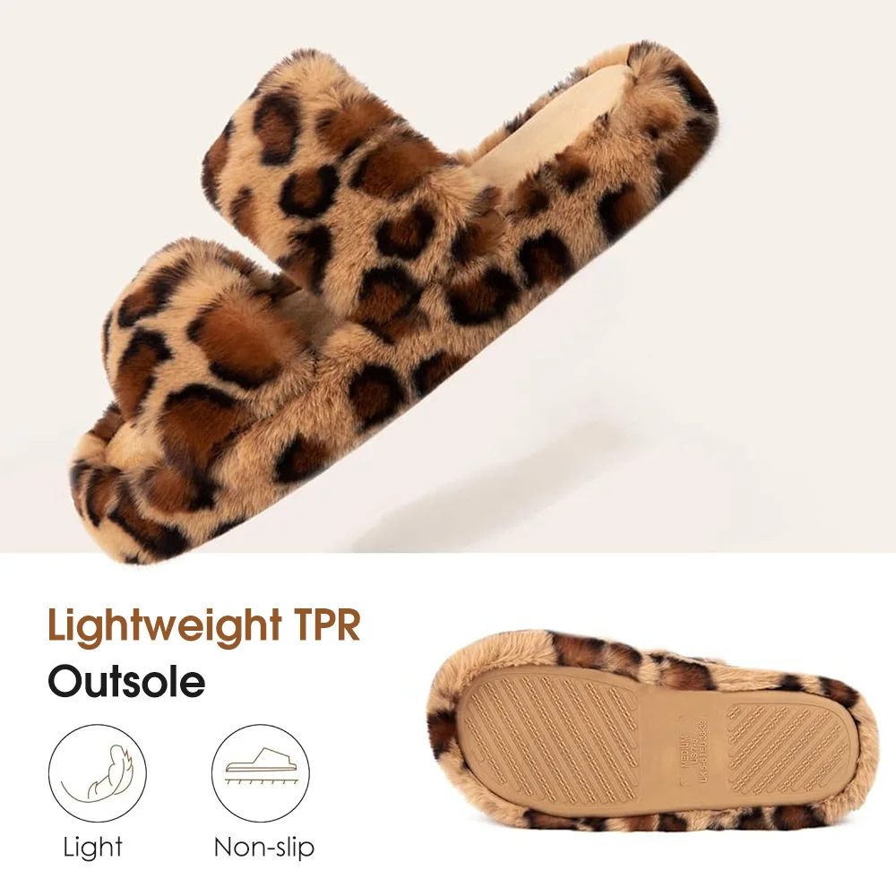 Women's Comfy Open Toe Two Band Slides with Short Plush Lining Indoor Fluffy Leopard Fashion Fur Slippers