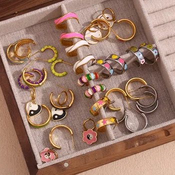 Colorful Enamel Hoop Earrings Set Gold Plated Jewelry Wholesale Tarnish Free Stainless Steel Jewelry
