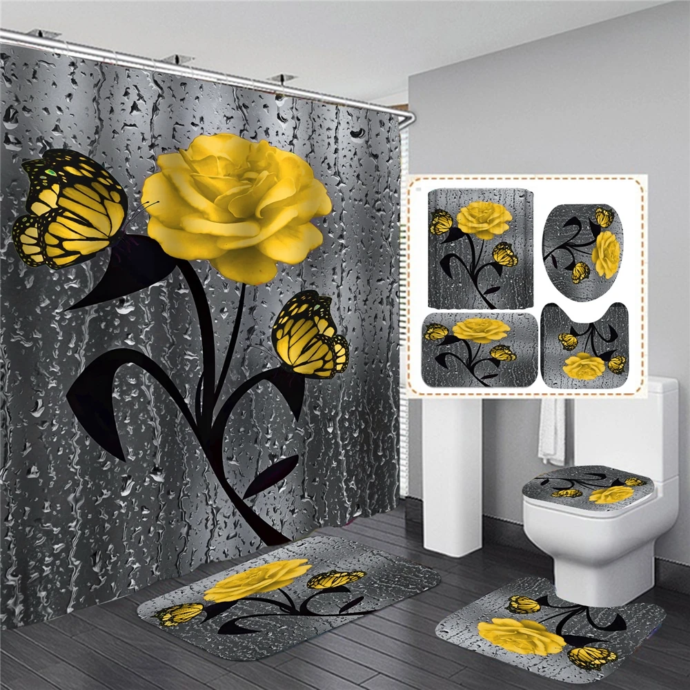 Sale Wholesale Hot Hd Digital Printing Polyester Waterproof Bathroom Hotel Shower Curtain Flower Four-Piece Set High Qualit