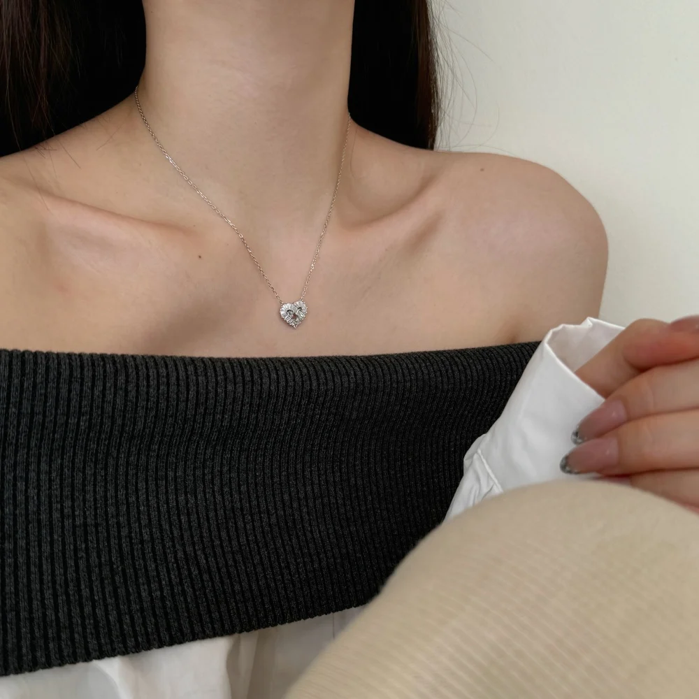 KAKODIY Exquisite Design 925 Sterling Silver Hypoallergenic Chain Baguette Gemstone 5A Cubic Zirconia Heart Shape Pendant Necklace detail 2