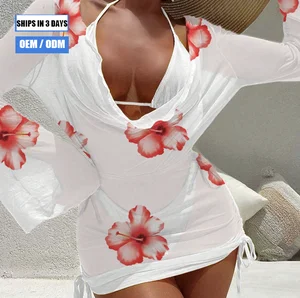 2026 Wholesale Floral Beachwear Bikini Sexy Three Piece Long Sleeve Covered Bikini White Triangle Swimsuit