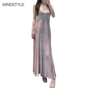 Design Sense Dress Color Stripe Pleated Slim Skinny Sling Breathable Woven Printed Knee-Length Sustainable Fashion