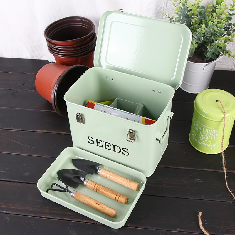 Garden Planting Storage Seed Box Tool Classification with Lock Seeds Storage Container Galvanized Iron Green Seed Tin Box