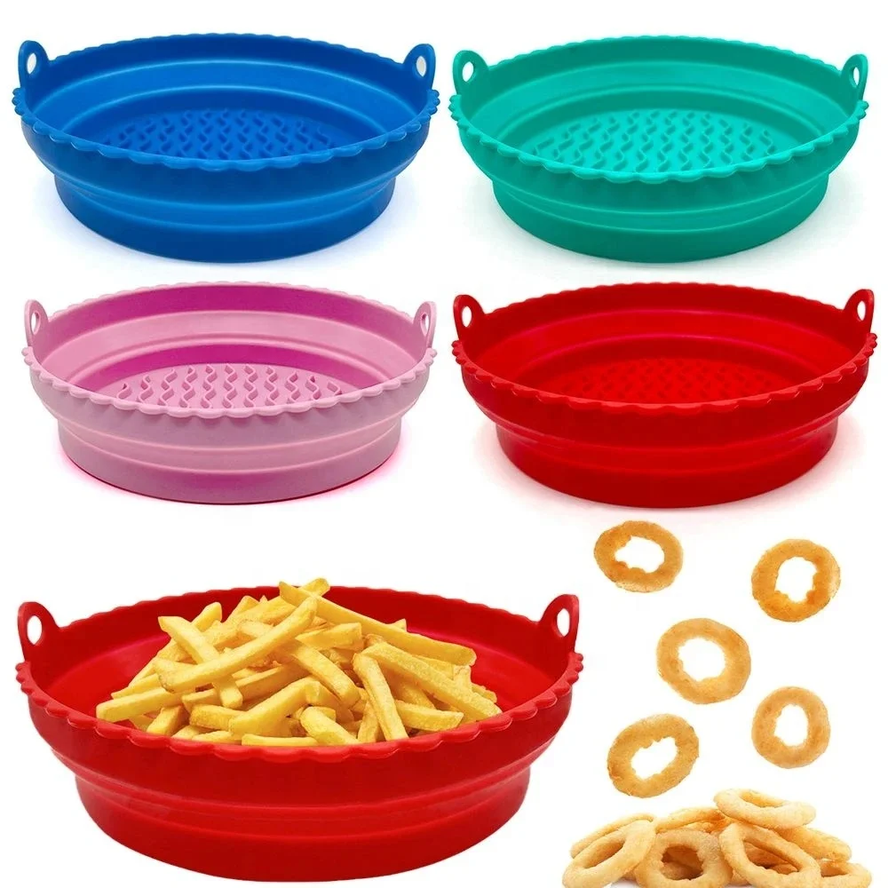 19.5CM Air Fryer Silicone Basket Bowl Air Fryer Easy Clean Liner Pizza  Plate Grill Pan Mat Reusable Baking Tray Oven Accessories