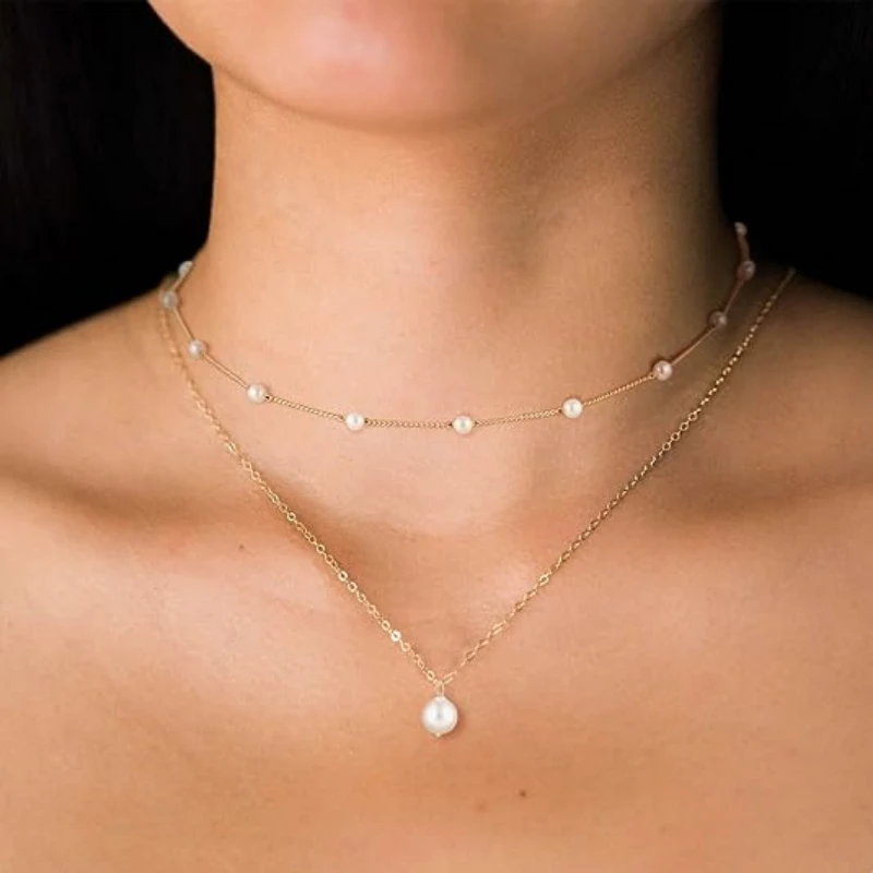 14K Gold Plated Layered Pearl Necklace for Women Chain Pearl Necklace ...