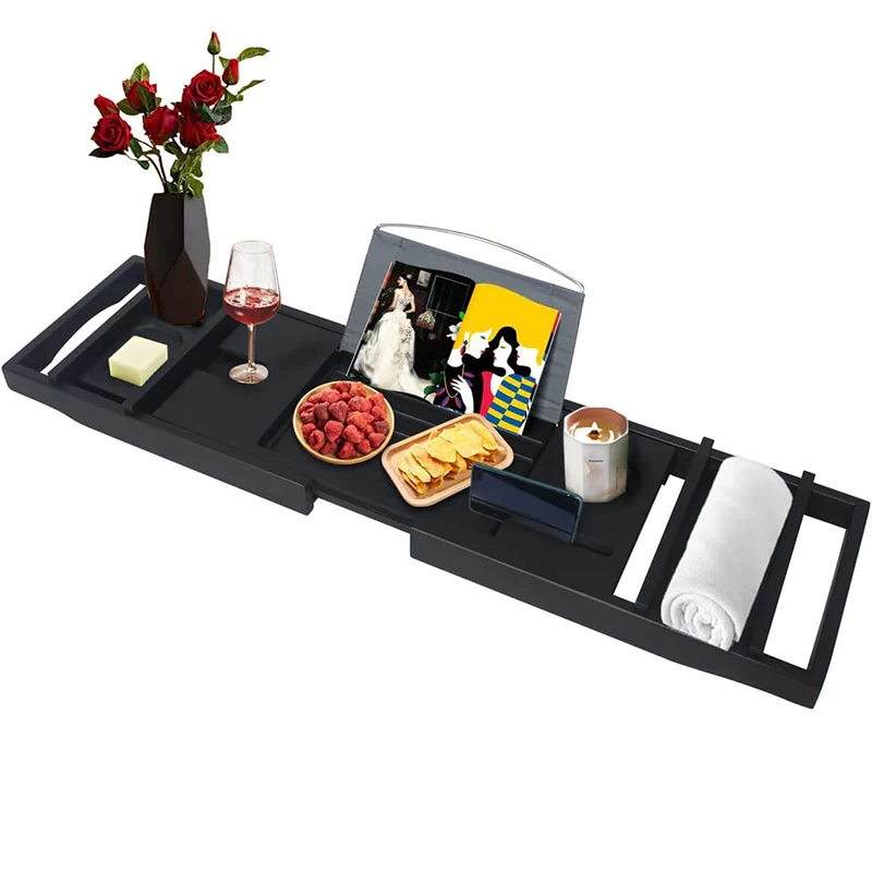 Wholesale Premium Luxury Eco-Friendly Bamboo Bathtub Caddy Tray Water-proof Two-piece Design Expandable Size Black Bathroom