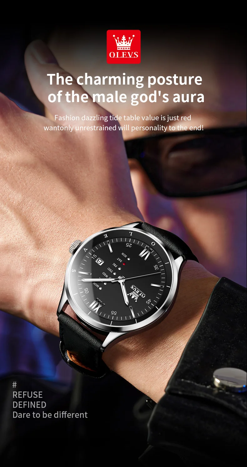 OLEVS 2931 Original Leather Strap Fashion Waterproof Quartz Top Brand Luxury Men's Wrist Watch Men Business Luminous Watches