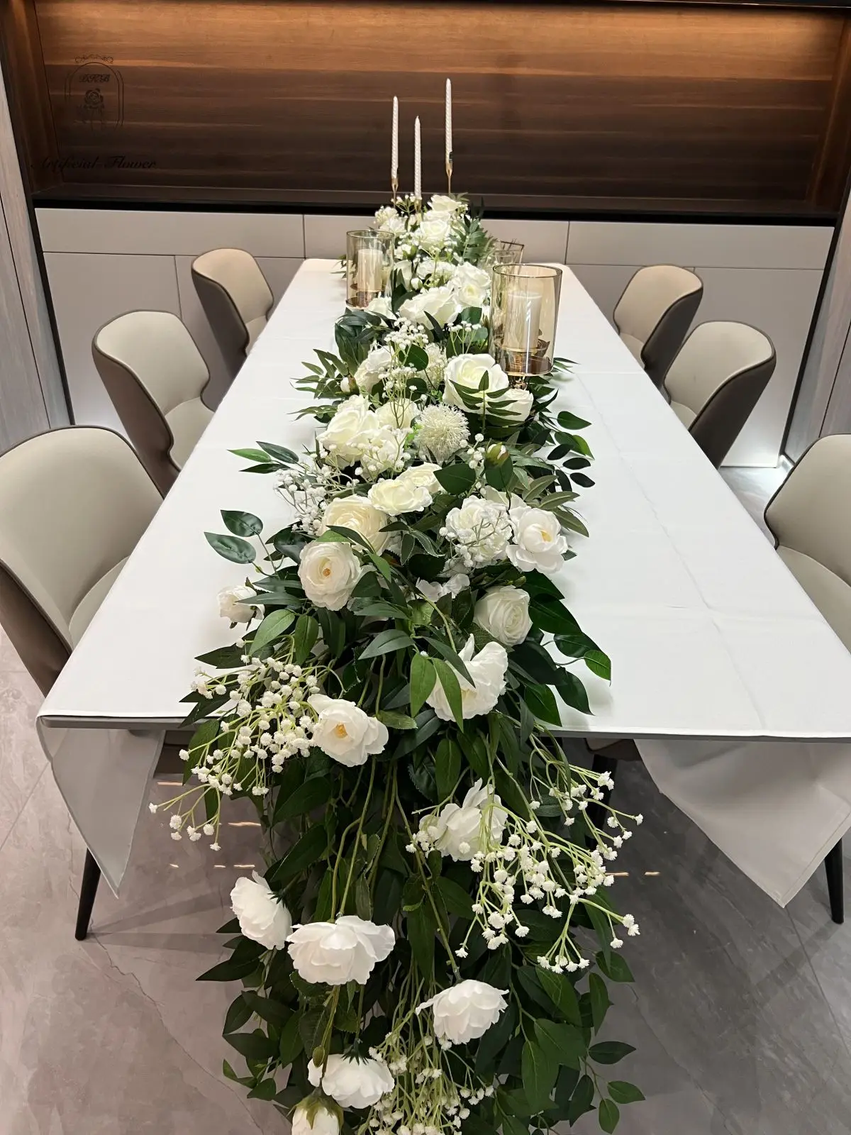 Popular Event Decorated Floral Table Runner Silk White Artificial