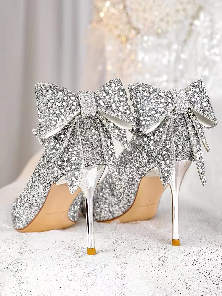 Women's Luxury Bridal High Heel Pumps Shoes Sequined Bowknot Hollow Out Closed Toe Thin