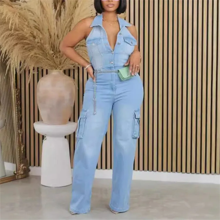 Blue Denim Fashion Straight Pants One Piece Jumpsuits Women Washed Jean  Halter Pocket Playsuits Female Cowboy Overalls