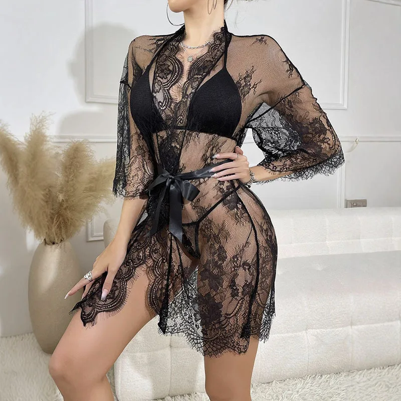 Y06103 black lace nightgown front view