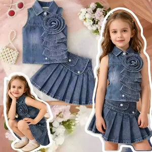 2026 Hot Selling Girls Clothing Retro Style Kids Suits Denim Sleeveless Flower Vest Pleated Skirt 2 Piece Kids Summer Wear