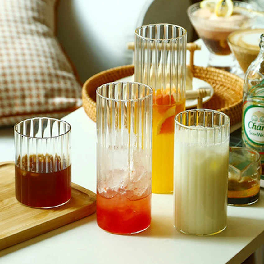 Термостойкие недорогие стеклянные чашки для кофе со льдом прозрачные бокалы холодного напитка с вертикальной полосой ручной