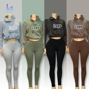 Huili Manufacturer Custom logo French Terry No Hood Hoodie & Legging Matching Set Activewear Casual Two Piece Set Women Clothing