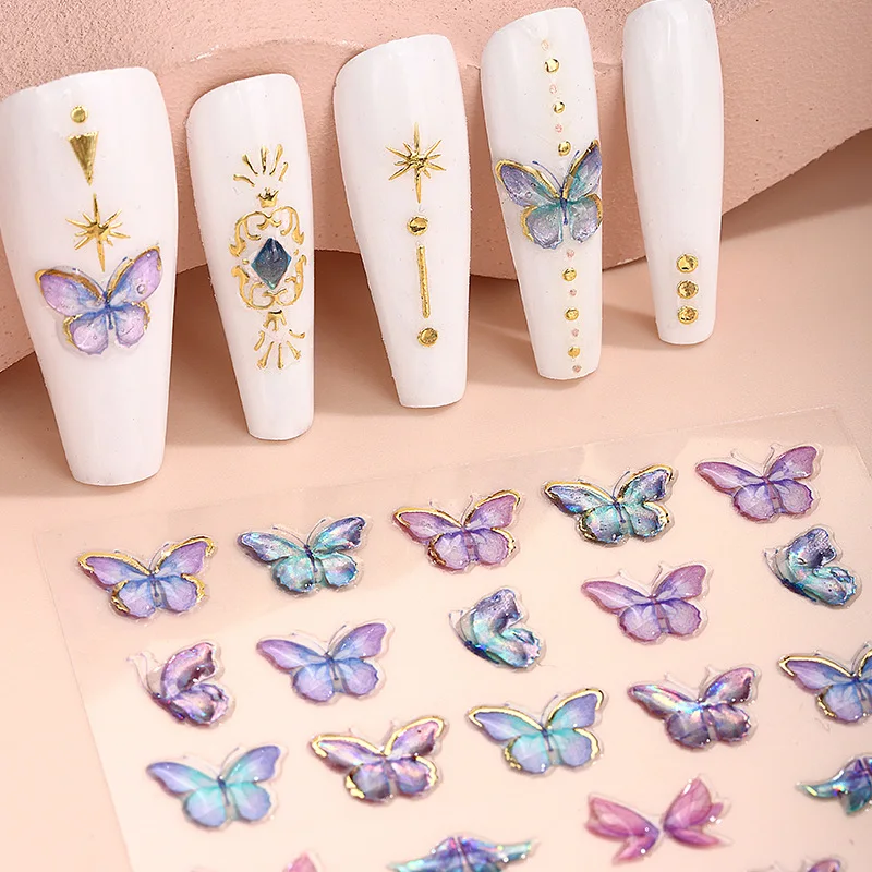 Anpassbare 5D Dreidimensionale Prägedruck Schmetterling Nagelkunst Decals Weiche Kleber Bronze Laserschablone Cross-Border Großhandel
