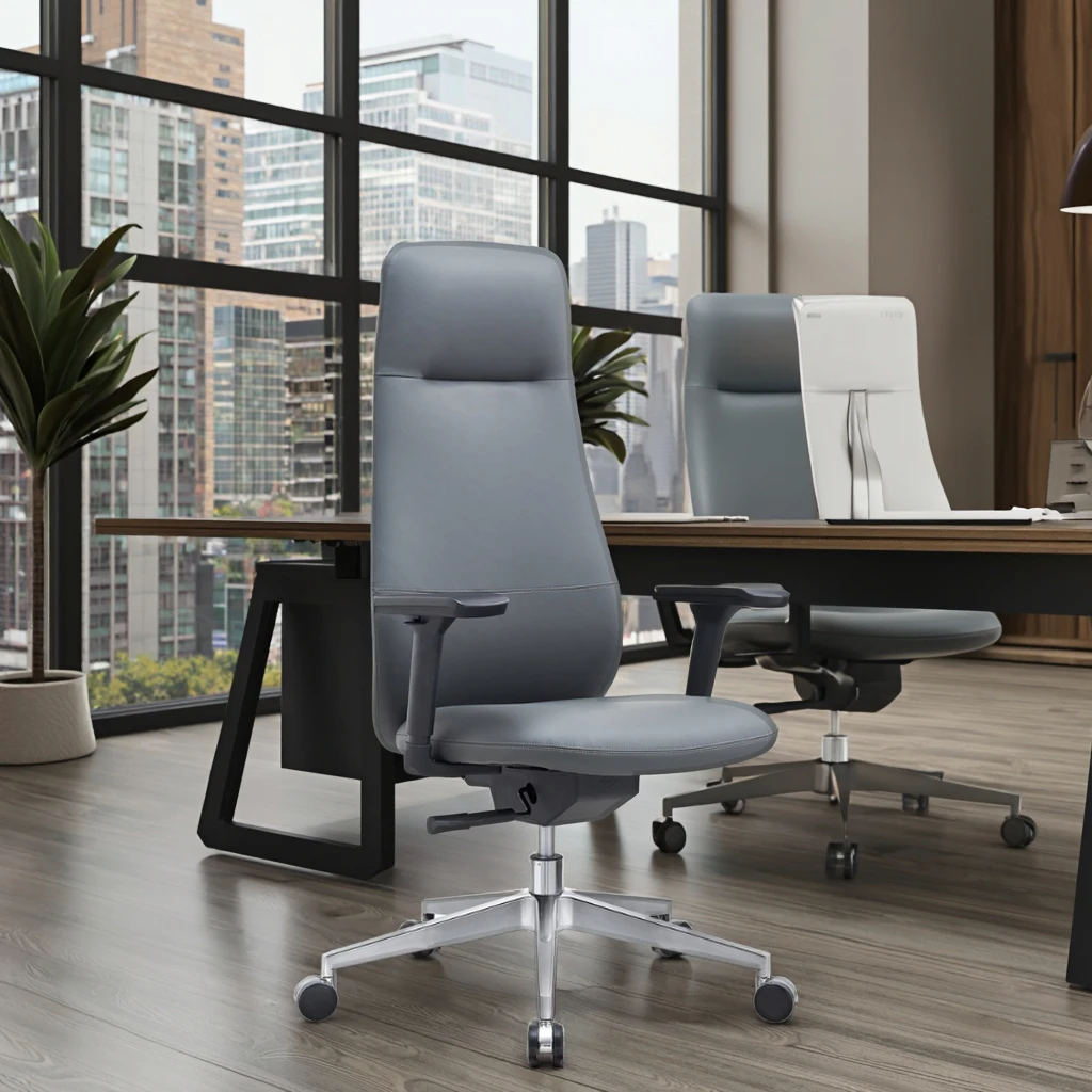 Modern Leather Executive Chair with Fixed Armrest Steel/Aluminium Base Heavy Duty Casters for Conference Rooms 4