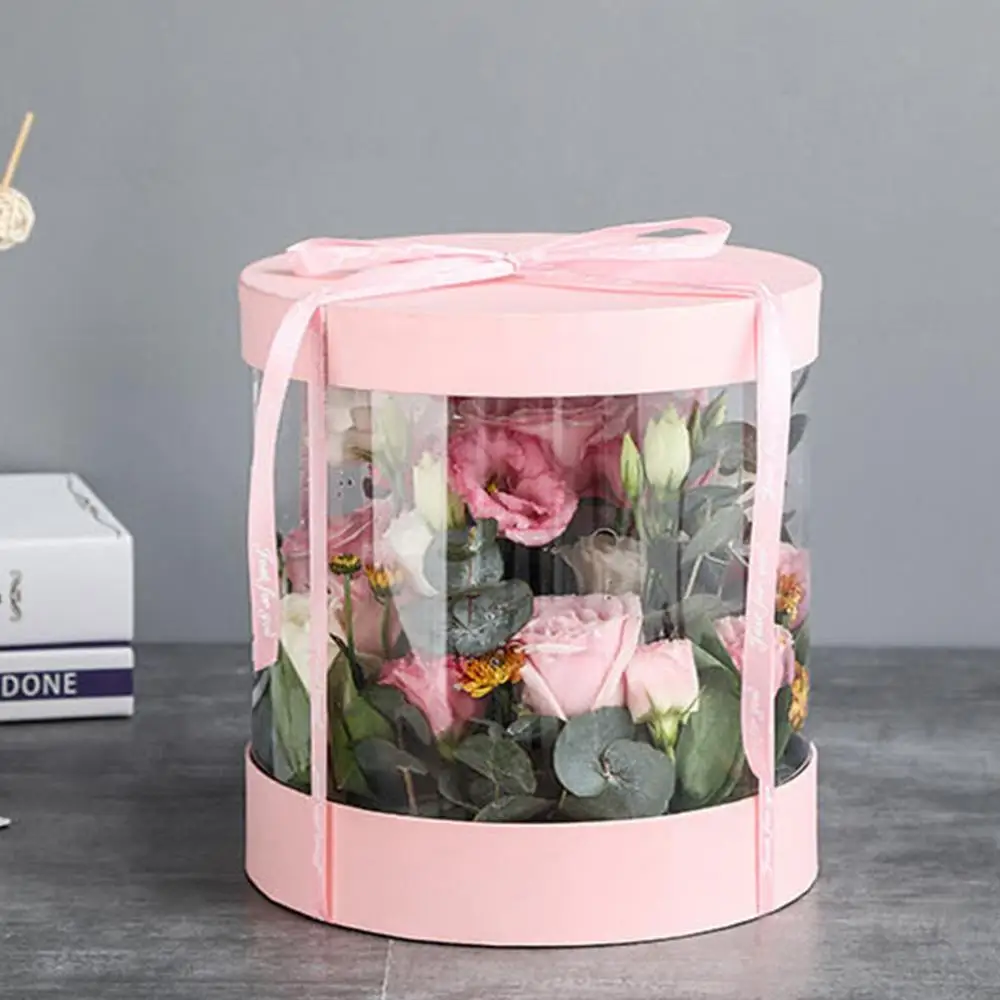 Luxury Custom PVC Rose Gift Box Round Paper Flower Display Packaging Box With logo Transparent Round Flower Box