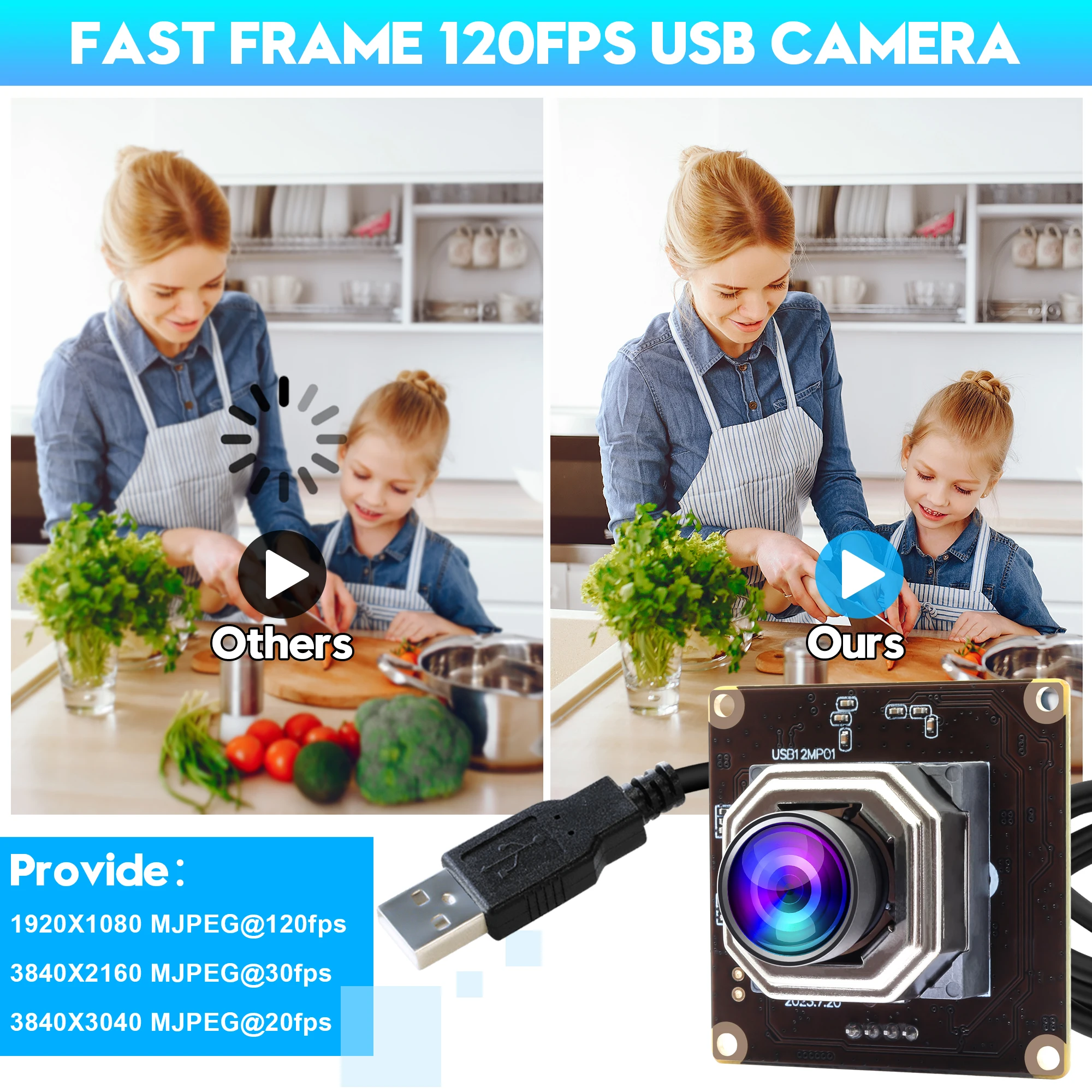 ELP高速1080P 120FPSオートフォーカスUSBカメラモジュール12MP広角歪み 