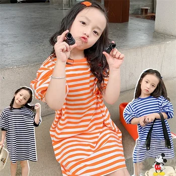 Summer Mid Sleeves Dress For Girls New Black White Stripe Dresses For Kids Girls Orange Navy Clothing Dresses