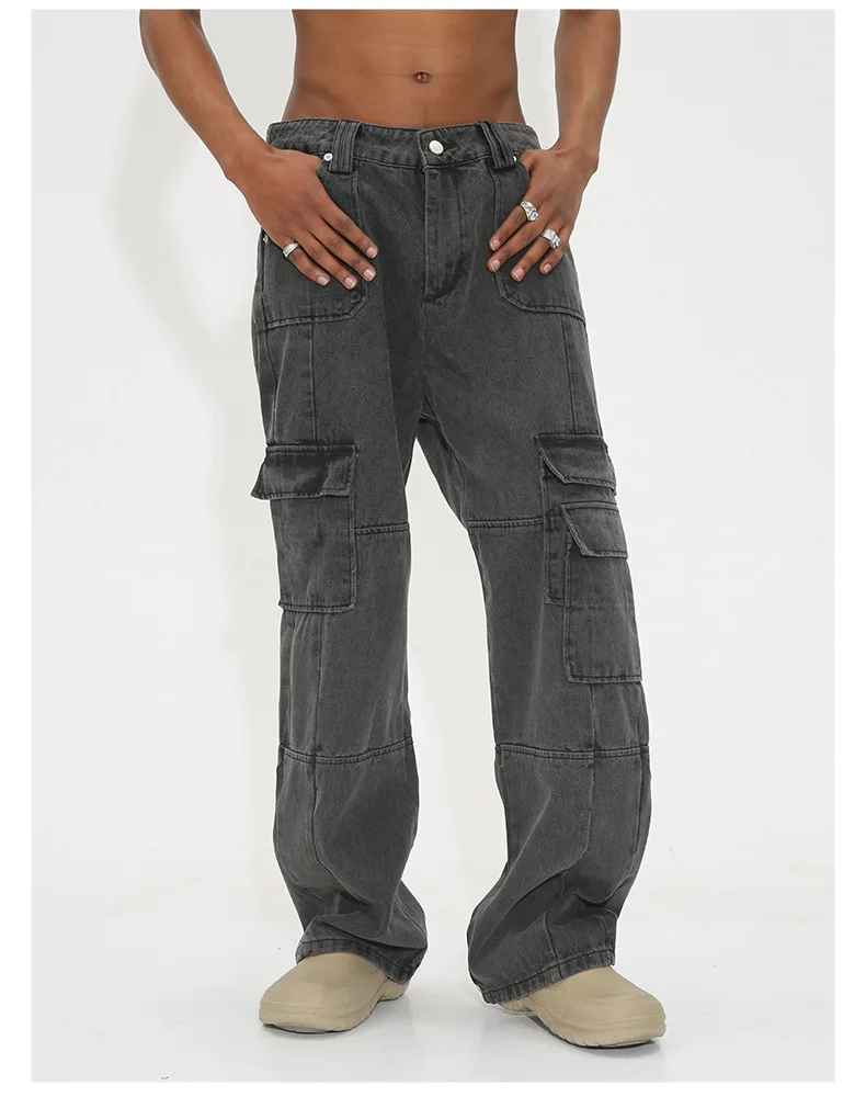 2024 Poches latérales design cargo pour jean gris droit ample gris foncé pour hommes_voghion.com