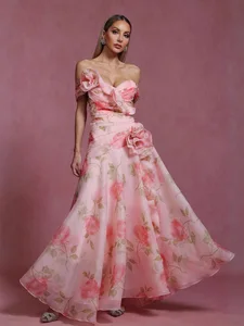 2026 European Cross Border Summer New Style French Retro Flower Collection Waist Casual Printed Oblique Shoulder Dress