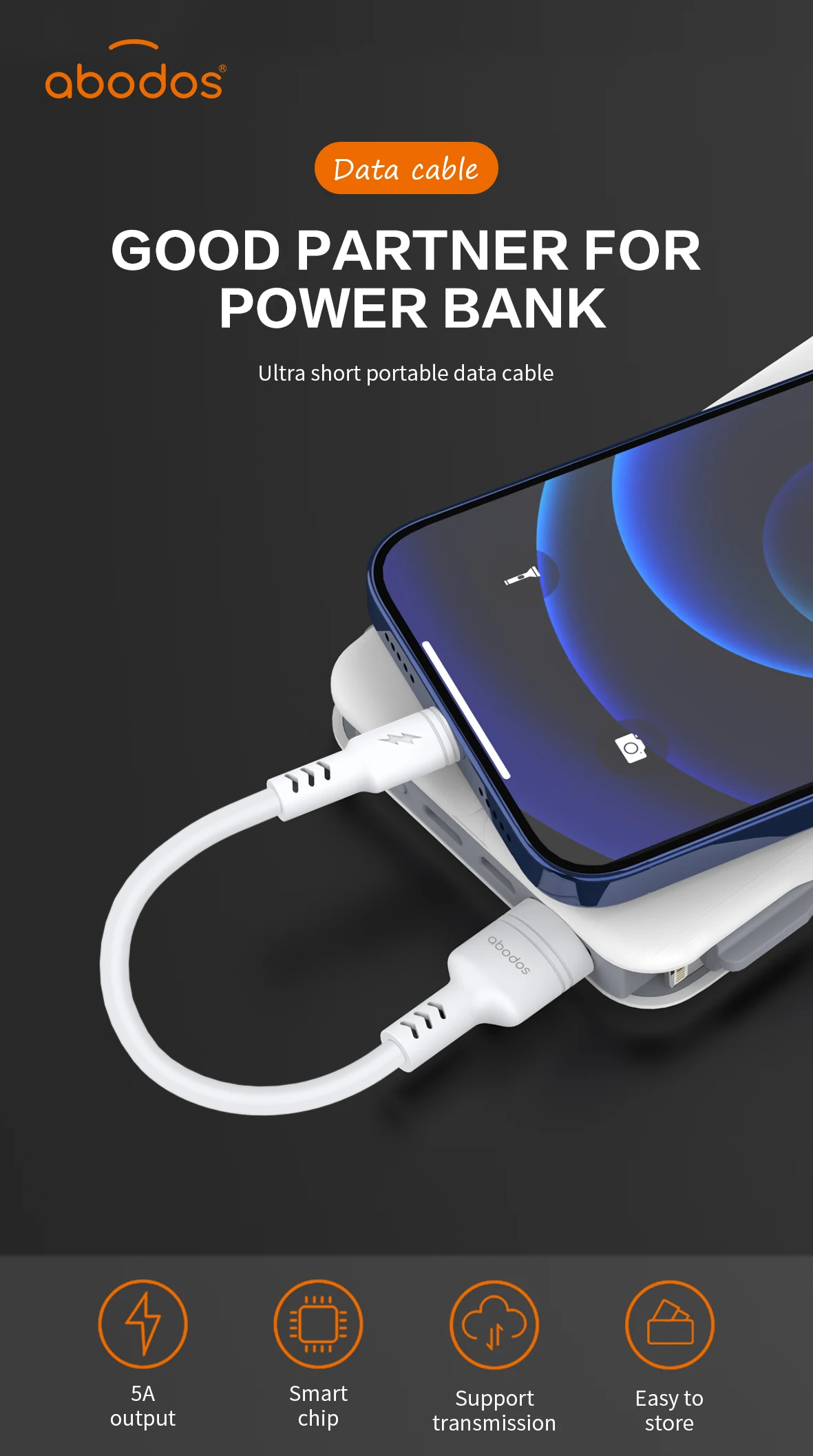 Abodos Brand 5A Fast Charge 30cm USB Data Cable for iPhone Power Bank Computer