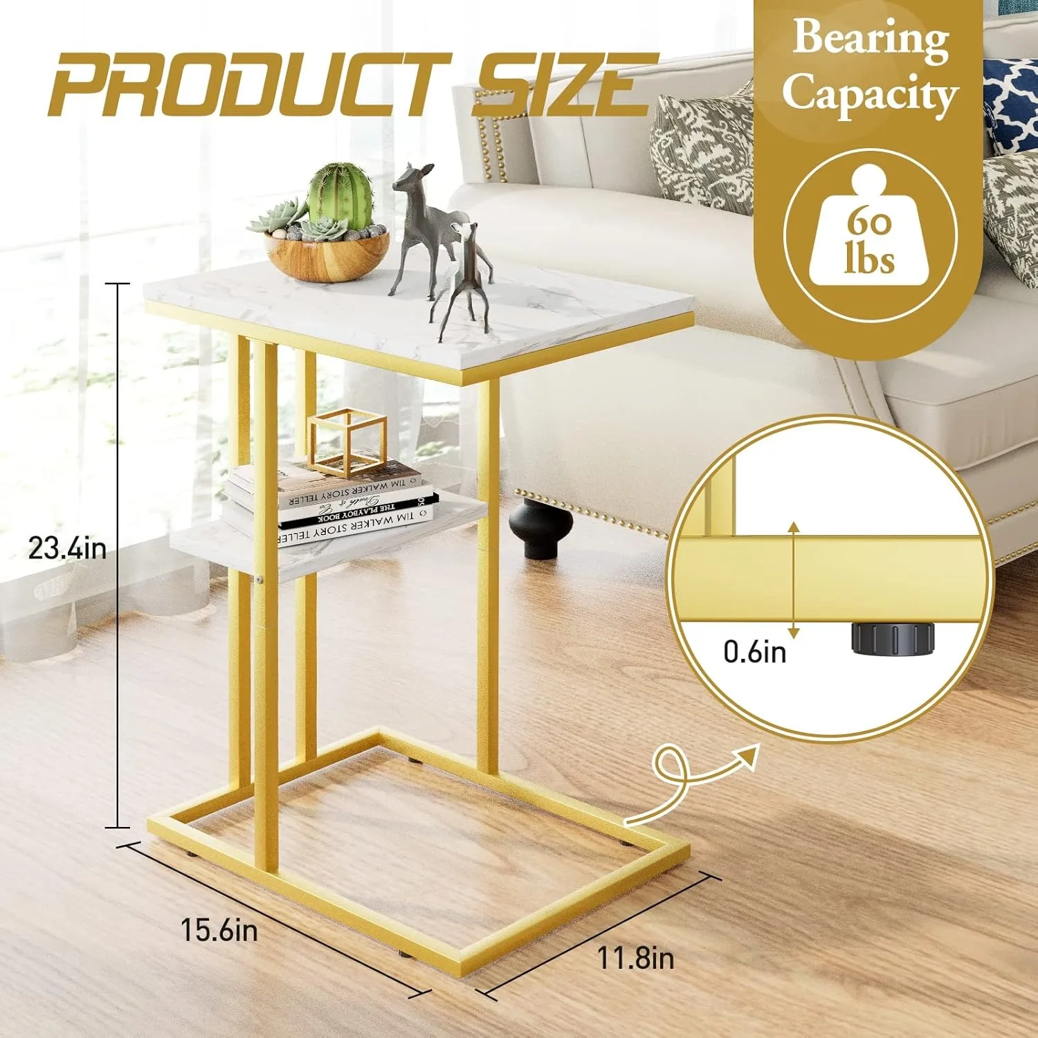 Easy Paws C Shaped End Table Side Table Couch Bed Gold Snack Couch Table home  Living Room Bedroom Bedside Gold Corner tableG-14
