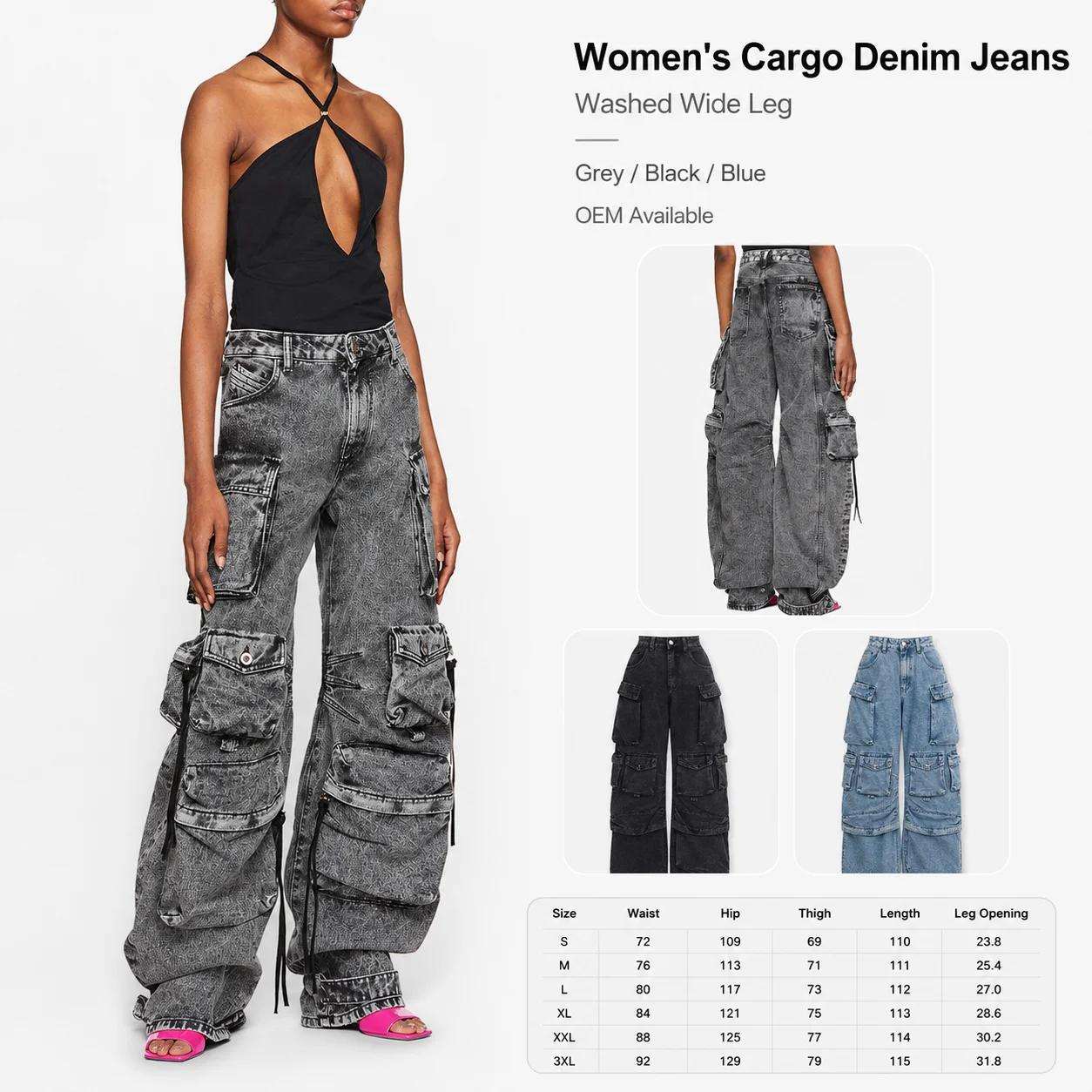 Custom Logo Women's Denim Skinny Jeans High Waist Multi-pocket Design Streetwear Light Wash Pencil Pants Wholesale