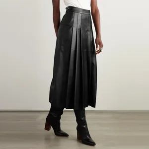 Clothing Manufacturer Custom Spring Autumn Black High Waist Elegant Casual Pleated Leather Skirt for Women