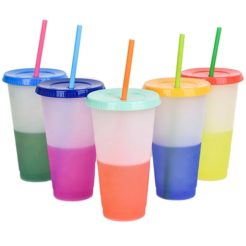 1/5pcs Color Changing Tumblers Lids Straws 24oz Reusable Cold Drink Cups Gift 