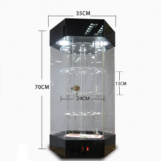 Factory Wholesale Hexagonal Rotating Acrylic Display Cabinet with Round Tiered Shelves,top LED Light System and Lockable Door